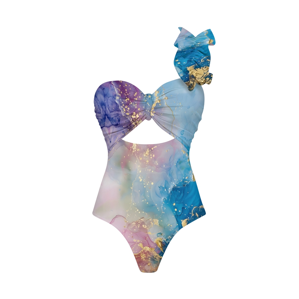 Pastel Splash One-Shoulder Cut-Out One-Piece Swimsuit with Tiered Maxi Skirt