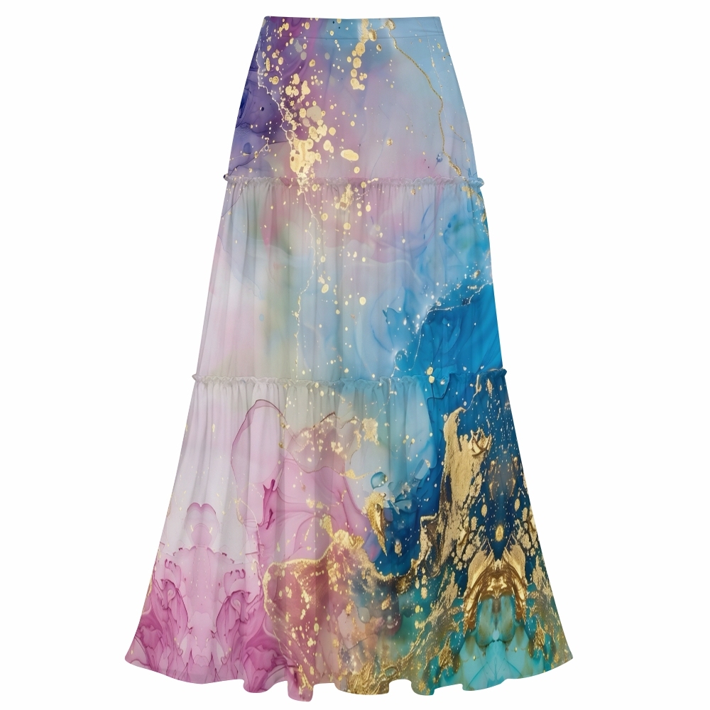 Pastel Splash One-Shoulder Cut-Out One-Piece Swimsuit with Tiered Maxi Skirt