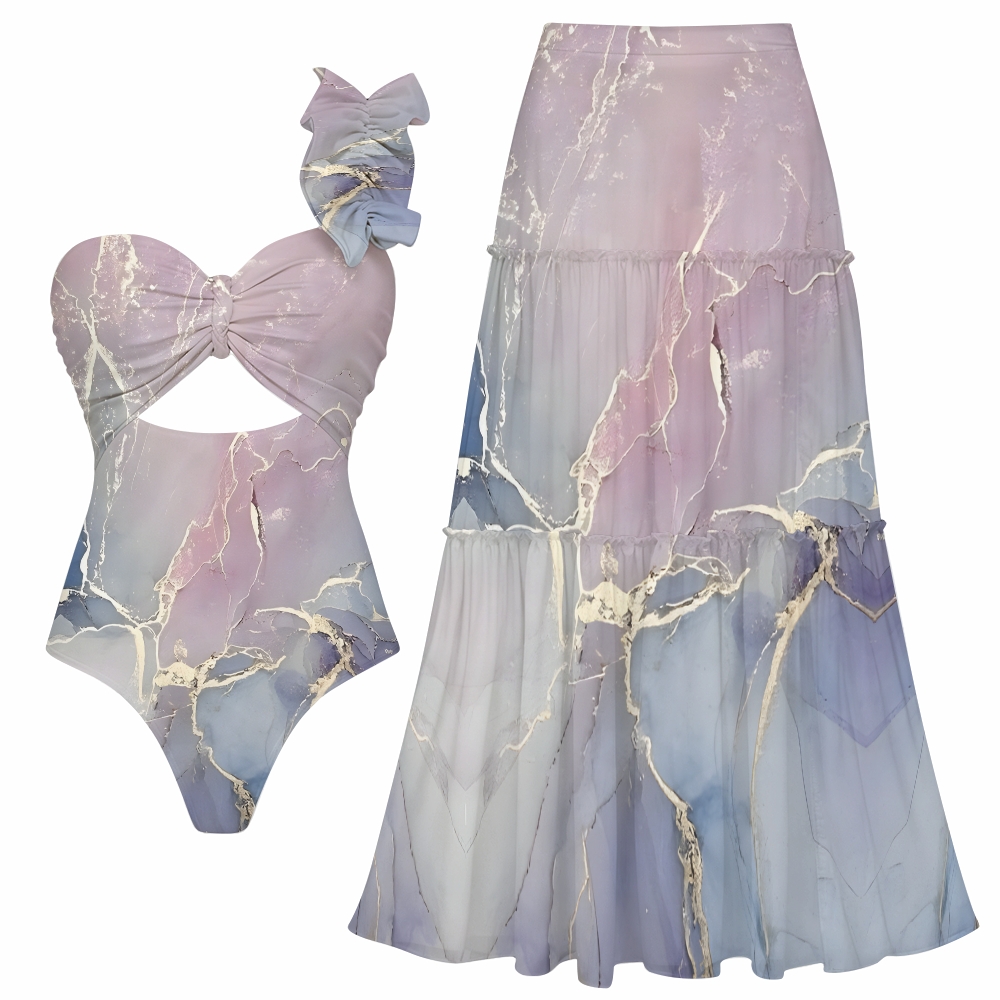 Artistic Marble Print One-Shoulder Cut-Out One-Piece Swimsuit with Tiered Maxi Skirt