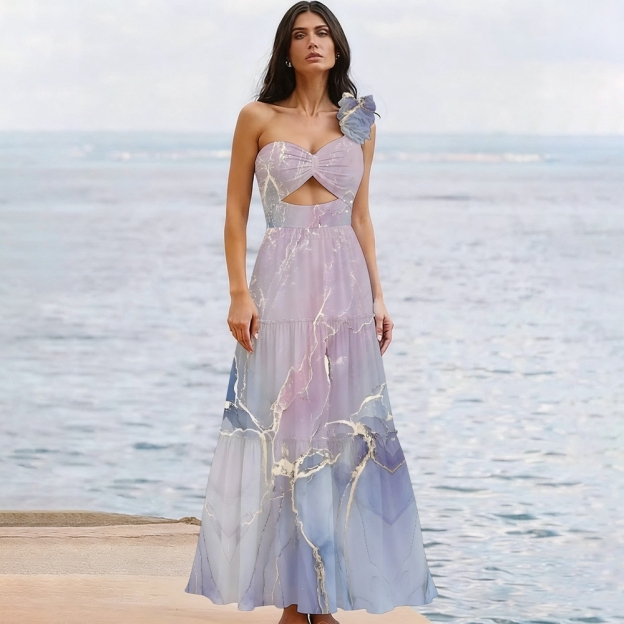 Artistic Marble Print One-Shoulder Cut-Out One-Piece Swimsuit with Tiered Maxi Skirt