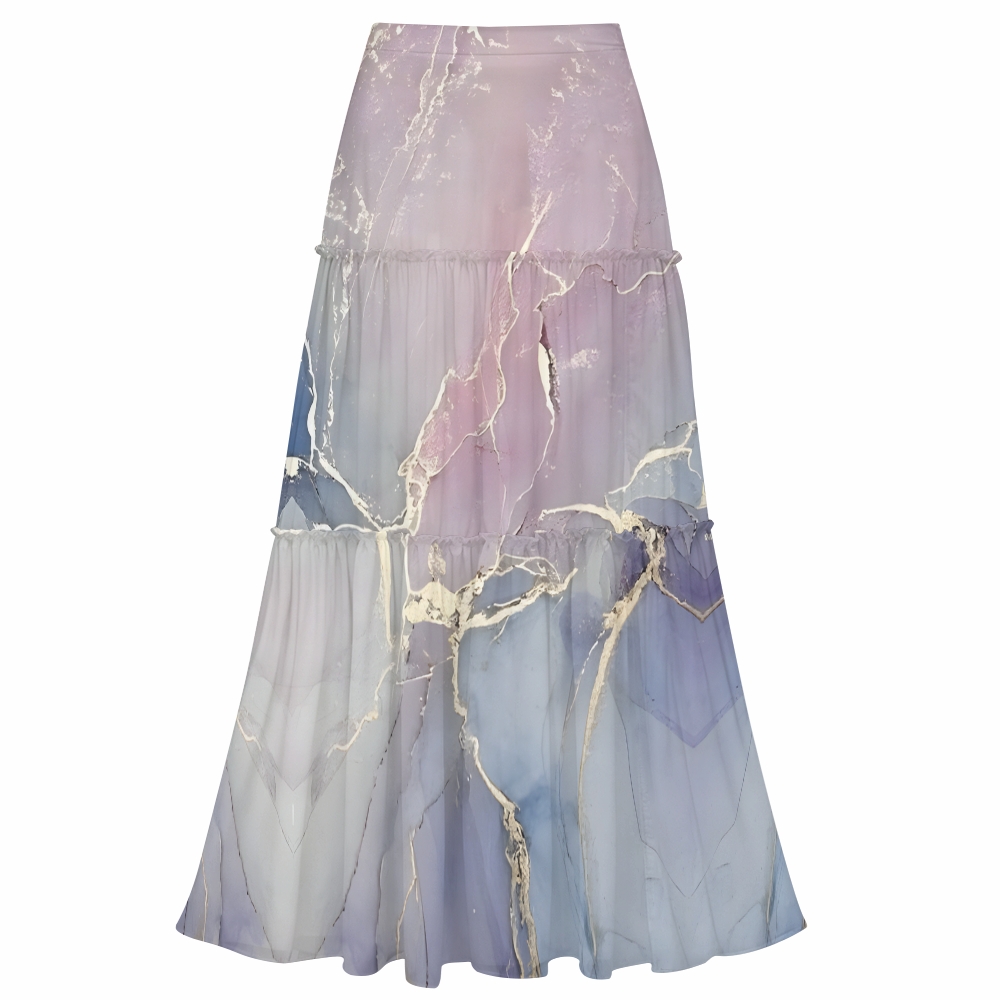 Artistic Marble Print One-Shoulder Cut-Out One-Piece Swimsuit with Tiered Maxi Skirt