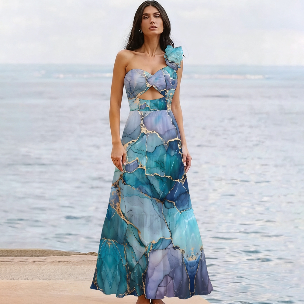 Geode Marble One-Shoulder Cut-Out One-Piece Swimsuit with Tiered Maxi Skirt