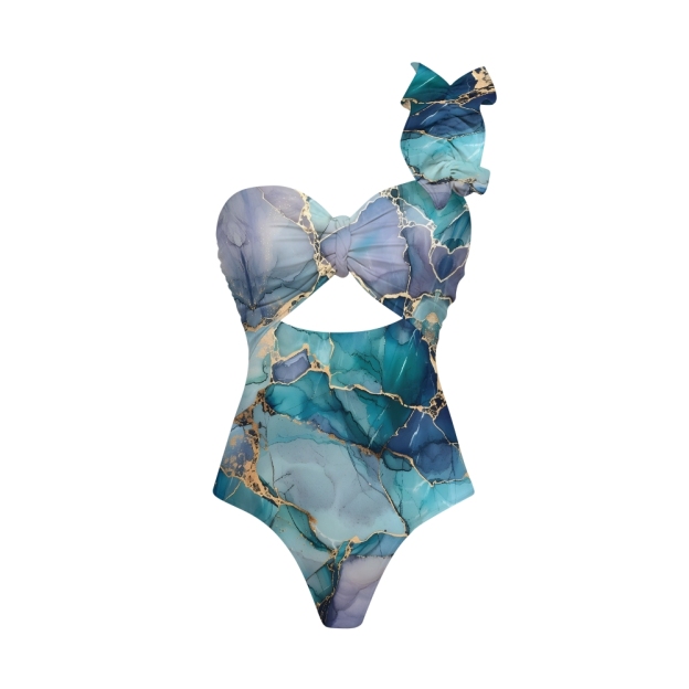 Geode Marble One-Shoulder Cut-Out One-Piece Swimsuit with Tiered Maxi Skirt