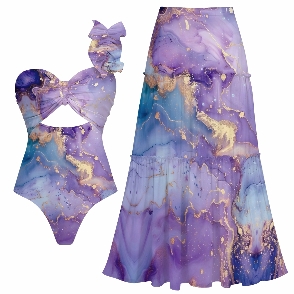 Fluid Art Print One-Shoulder Cut-Out One-Piece Swimsuit with Tiered Maxi Skirt