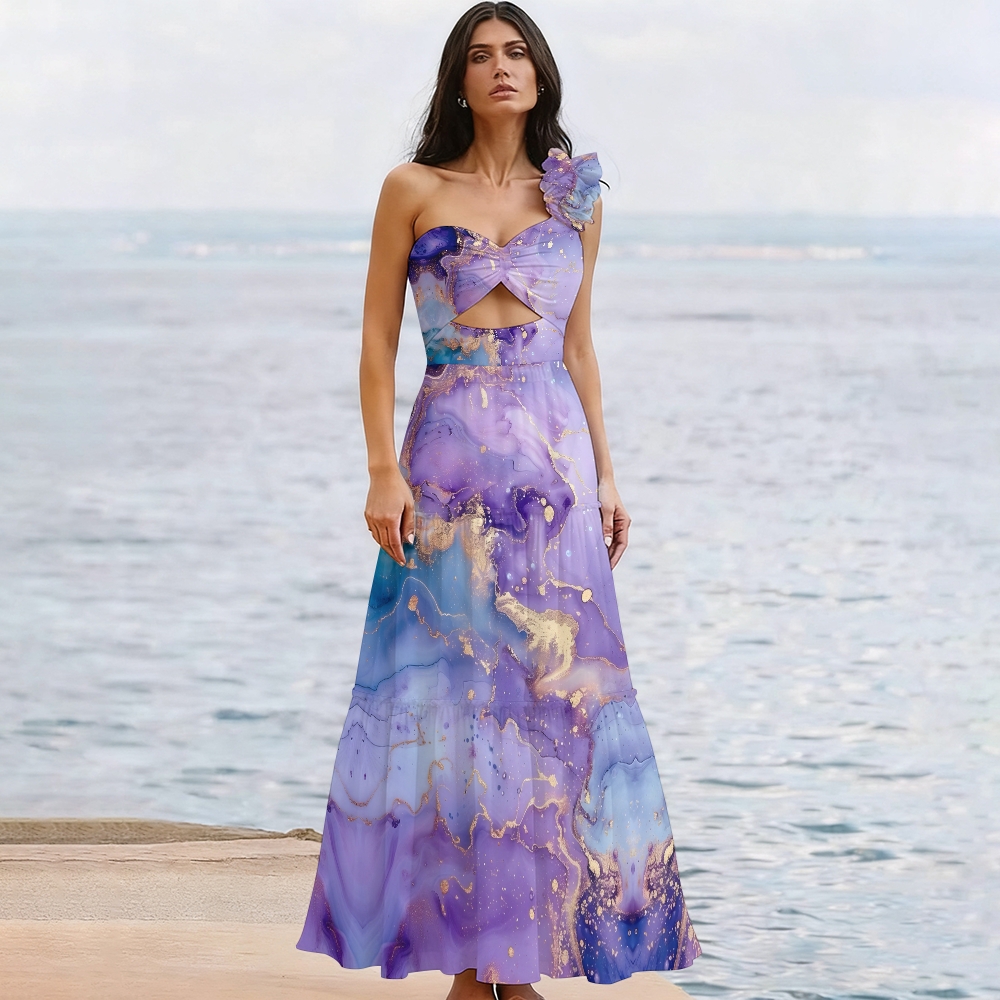 Fluid Art Print One-Shoulder Cut-Out One-Piece Swimsuit with Tiered Maxi Skirt