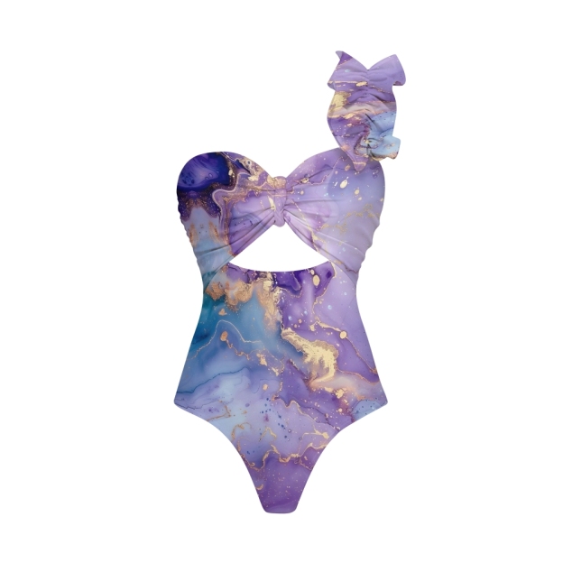 Fluid Art Print One-Shoulder Cut-Out One-Piece Swimsuit with Tiered Maxi Skirt