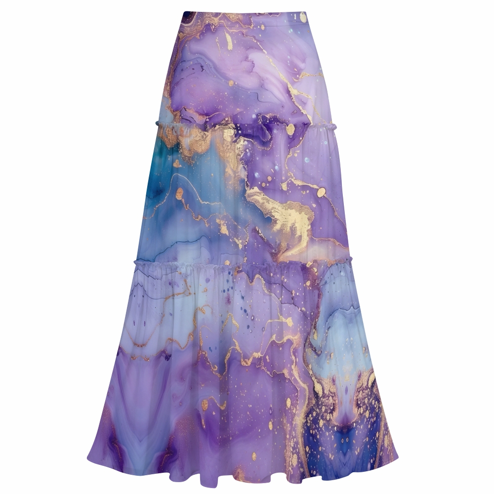 Fluid Art Print One-Shoulder Cut-Out One-Piece Swimsuit with Tiered Maxi Skirt