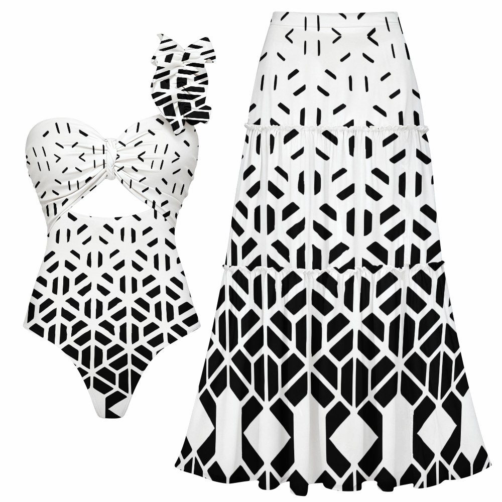 Geometric Hexagon Print One-Shoulder Cut-Out One-Piece Swimsuit with Tiered Maxi Skirt