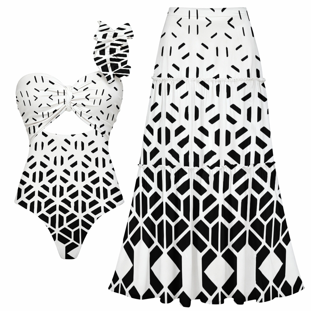 Geometric Hexagon Print One-Shoulder Cut-Out One-Piece Swimsuit with T