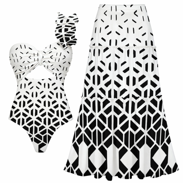 Geometric Hexagon Print One-Shoulder Cut-Out One-Piece Swimsuit with Tiered Maxi Skirt