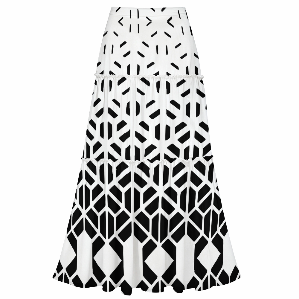 Geometric Hexagon Print One-Shoulder Cut-Out One-Piece Swimsuit with Tiered Maxi Skirt