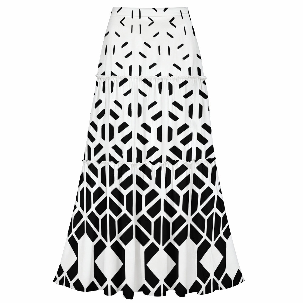 Geometric Hexagon Print One-Shoulder Cut-Out One-Piece Swimsuit with Tiered Maxi Skirt