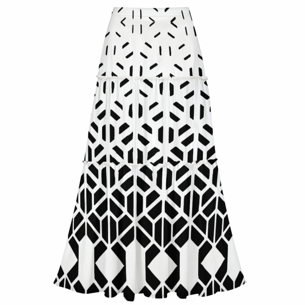 Geometric Hexagon Print One-Shoulder Cut-Out One-Piece Swimsuit with Tiered Maxi Skirt