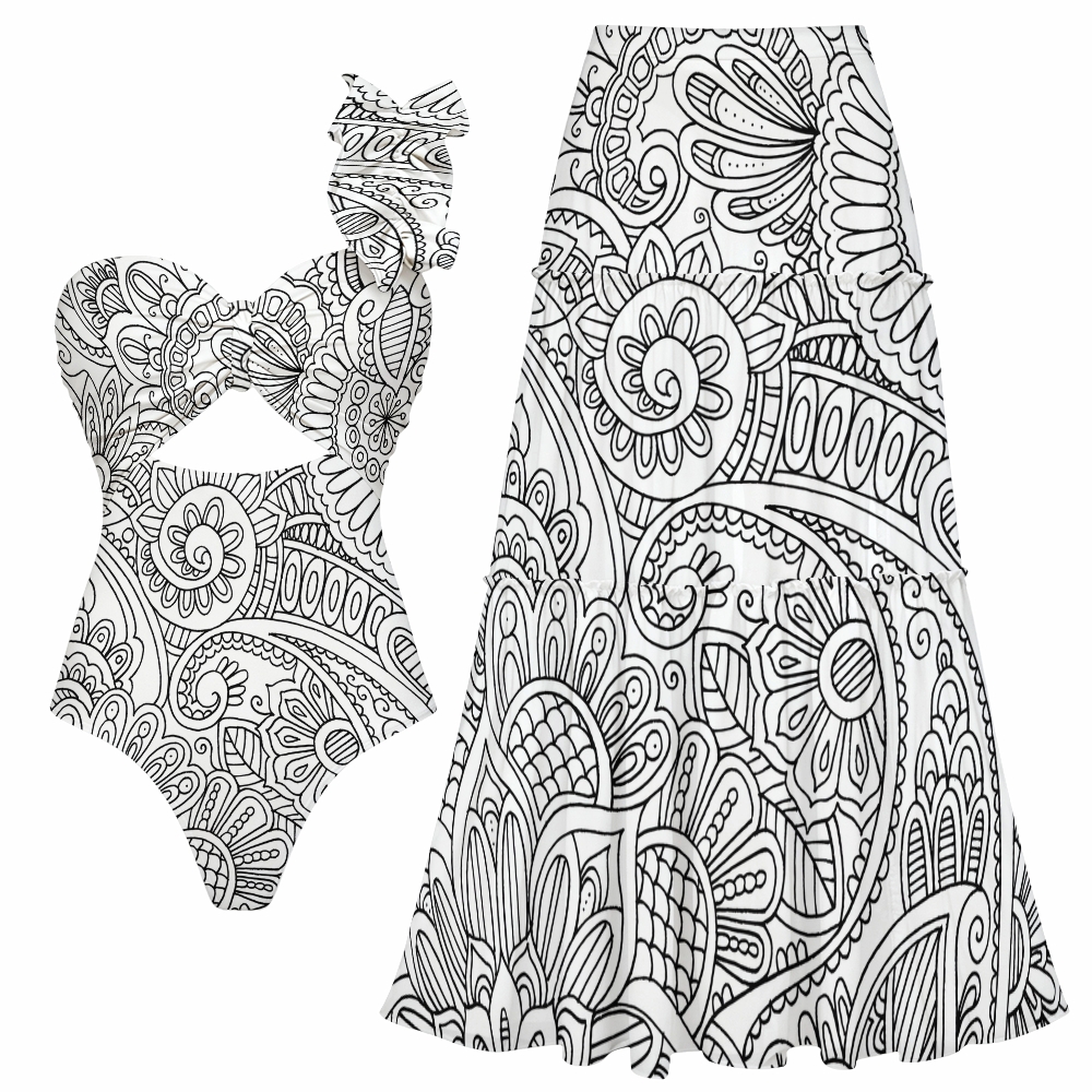 Boho Paisley Print One-Shoulder Cut-Out One-Piece Swimsuit with Tiered Maxi Skirt