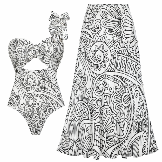 Boho Paisley Print One-Shoulder Cut-Out One-Piece Swimsuit with Tiered Maxi Skirt
