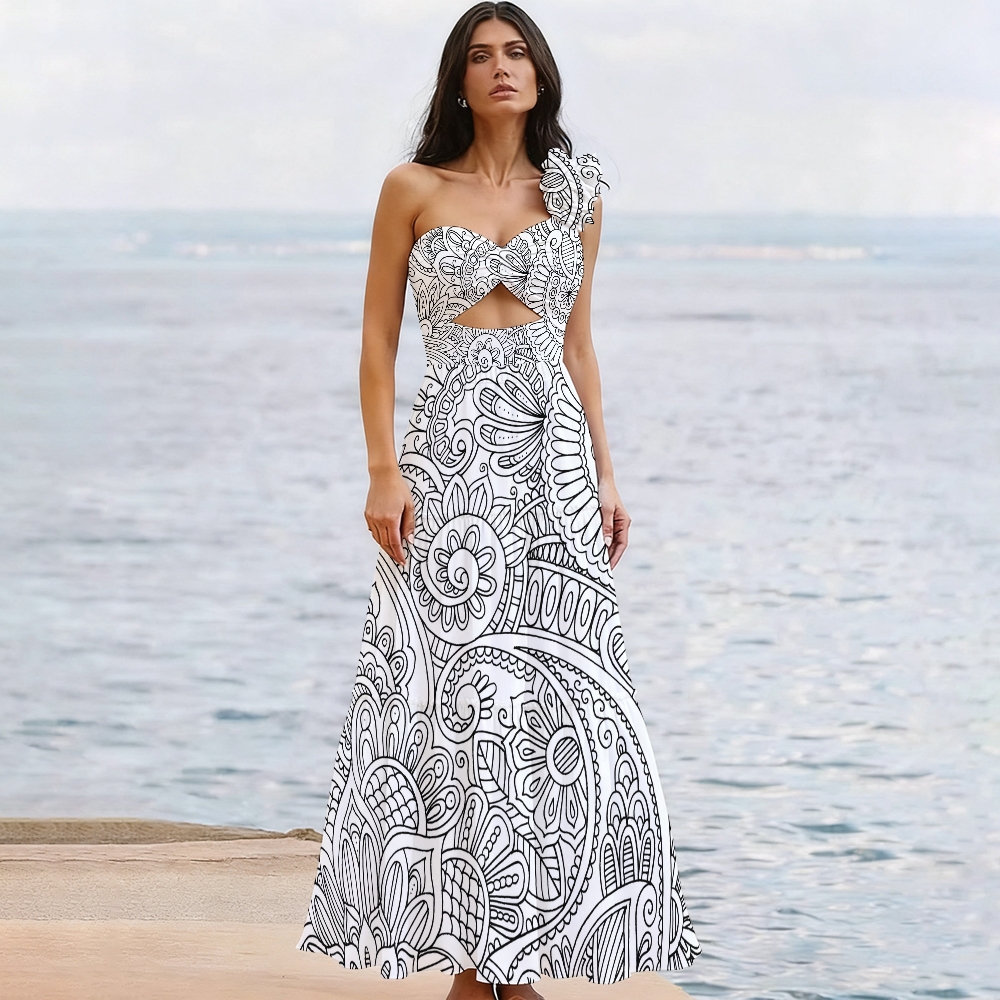 Boho Paisley Print One-Shoulder Cut-Out One-Piece Swimsuit with Tiered Maxi Skirt