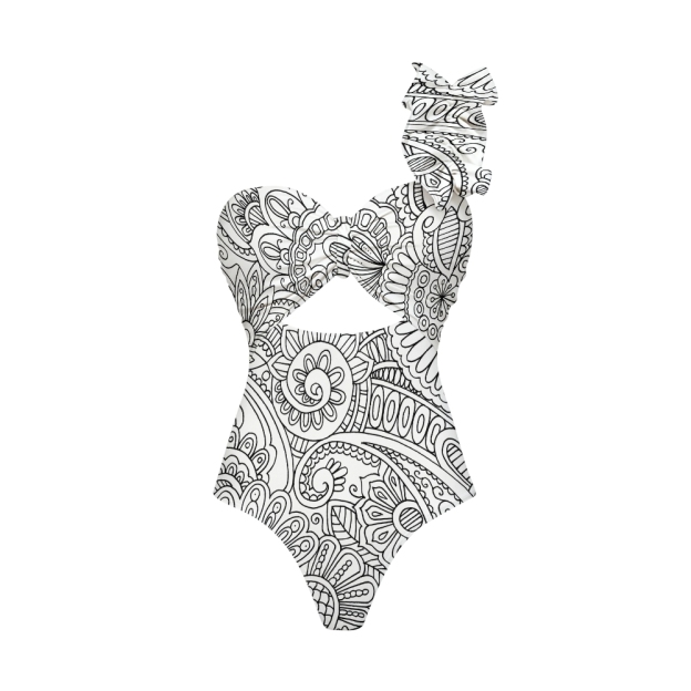 Boho Paisley Print One-Shoulder Cut-Out One-Piece Swimsuit with Tiered Maxi Skirt