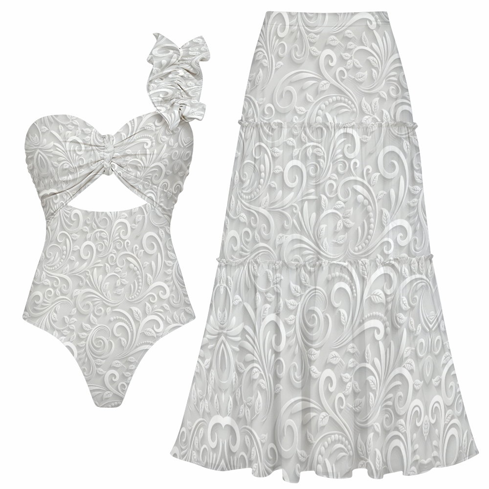 Vintage Baroque One-Shoulder Cut-Out One-Piece Swimsuit with Tiered Maxi Skirt