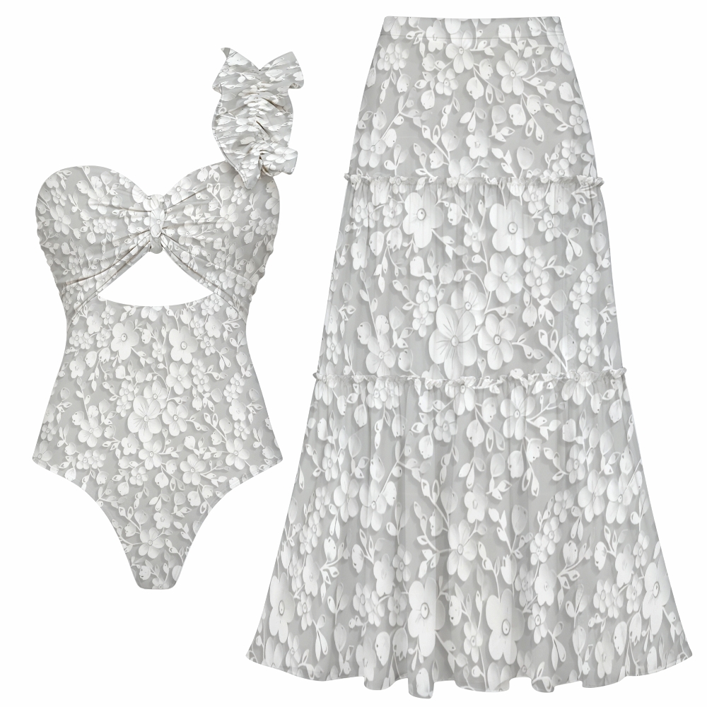 White Floral One-Shoulder Cut-Out One-Piece Swimsuit with Tiered Maxi Skirt