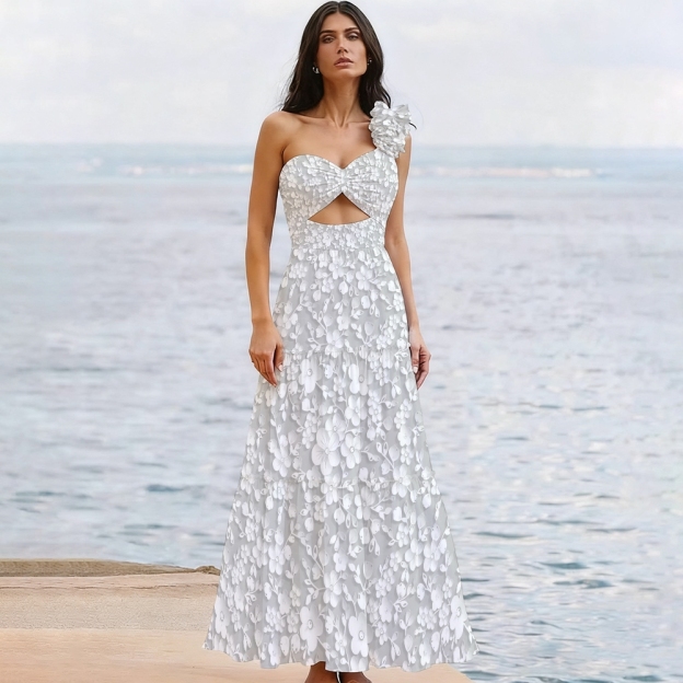 White Floral One-Shoulder Cut-Out One-Piece Swimsuit with Tiered Maxi Skirt