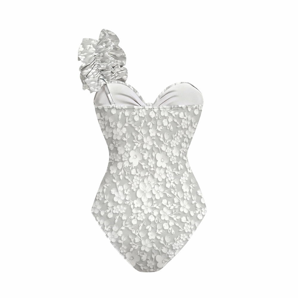 White Floral One-Shoulder Cut-Out One-Piece Swimsuit with Tiered Maxi Skirt