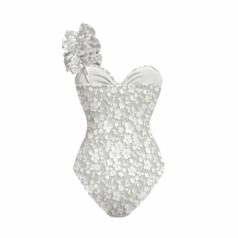 White Floral One-Shoulder Cut-Out One-Piece Swimsuit with Tiered Maxi Skirt