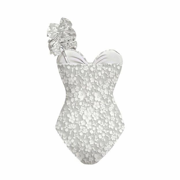 White Floral One-Shoulder Cut-Out One-Piece Swimsuit with Tiered Maxi Skirt