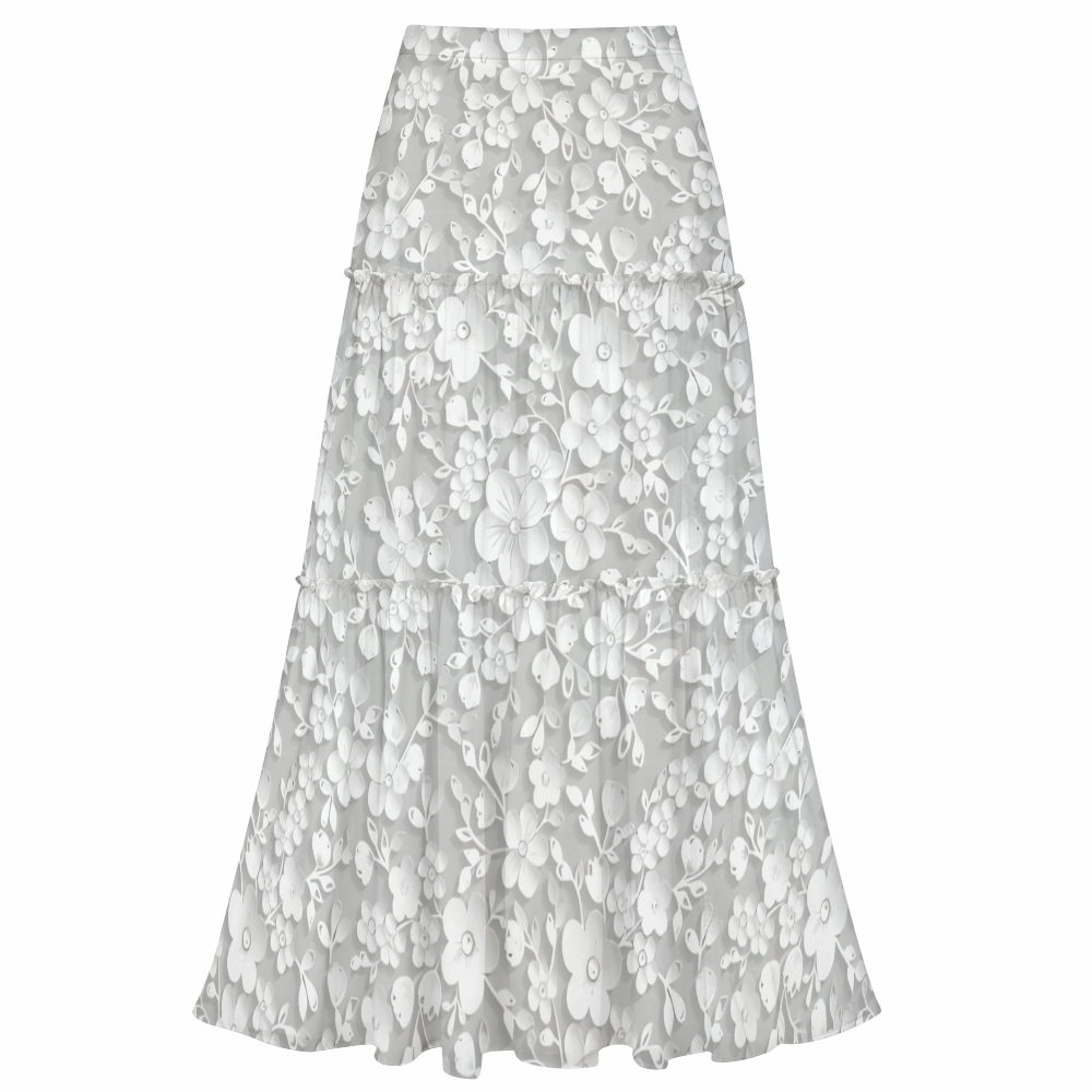 White Floral One-Shoulder Cut-Out One-Piece Swimsuit with Tiered Maxi Skirt