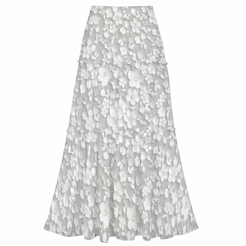 White Floral One-Shoulder Cut-Out One-Piece Swimsuit with Tiered Maxi Skirt