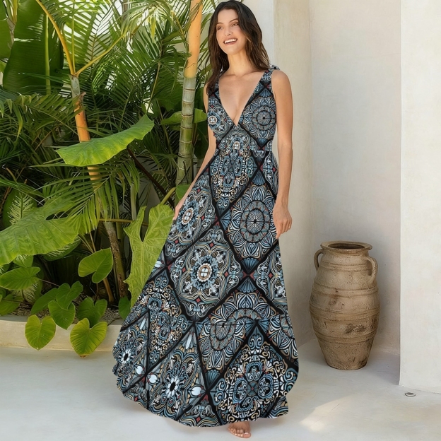 Boho Mandala-Inspired One-Piece Swimsuit with Tiered Maxi Skirt