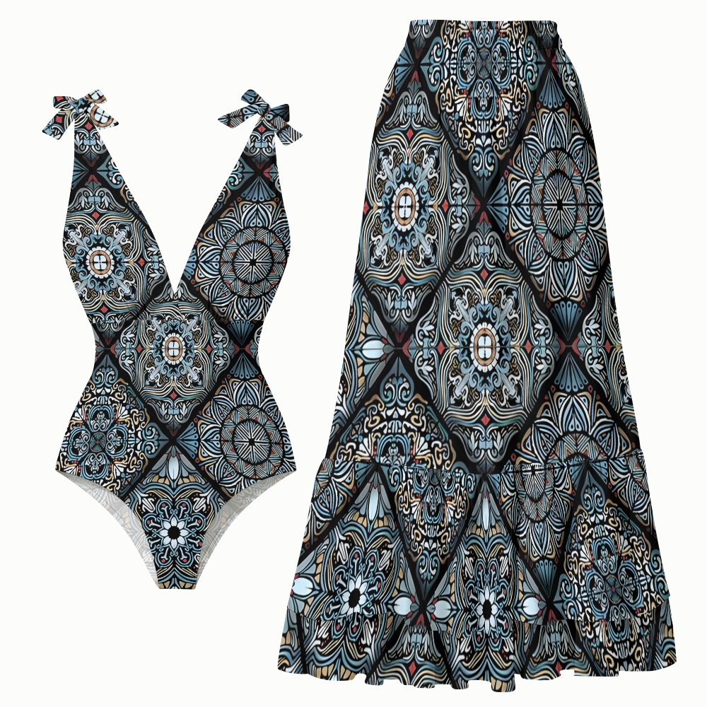 Boho Mandala-Inspired One-Piece Swimsuit with Tiered Maxi Skirt