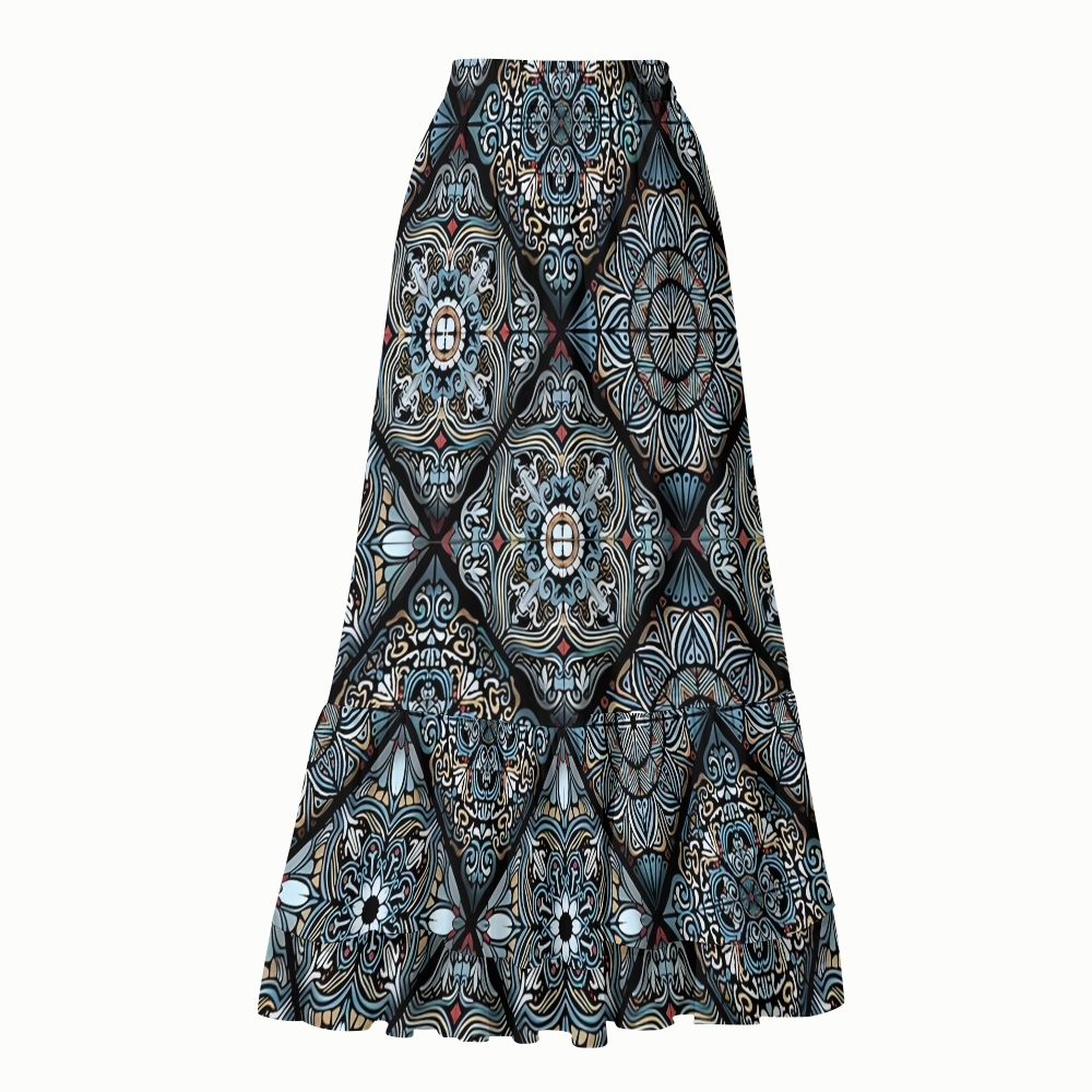 Boho Mandala-Inspired One-Piece Swimsuit with Tiered Maxi Skirt