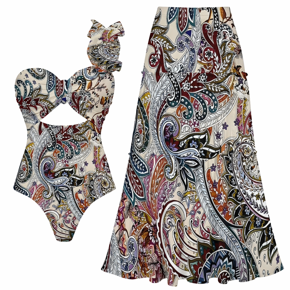 Boho Paisley Print One-Shoulder Cut-Out One-Piece Swimsuit with Tiered Maxi Skirt