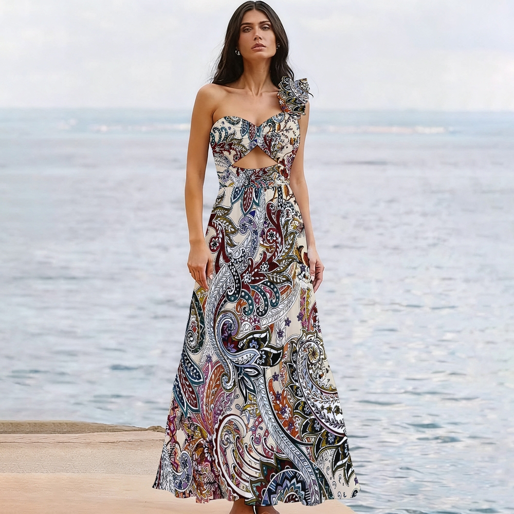 Boho Paisley Print One-Shoulder Cut-Out One-Piece Swimsuit with Tiered Maxi Skirt