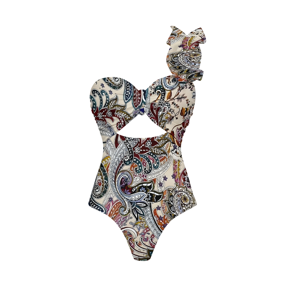 Boho Paisley Print One-Shoulder Cut-Out One-Piece Swimsuit with Tiered Maxi Skirt