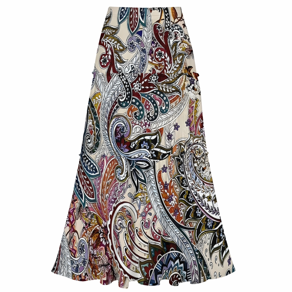 Boho Paisley Print One-Shoulder Cut-Out One-Piece Swimsuit with Tiered Maxi Skirt
