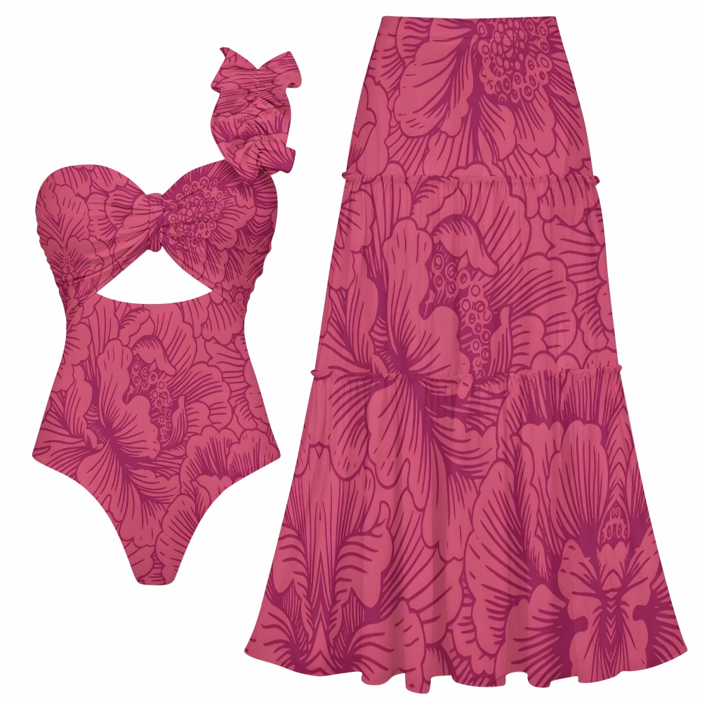 Hibiscus Print One-Shoulder Cut-Out Swimsuit with Tiered Maxi Skirt