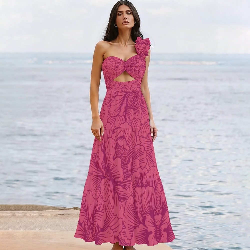 Hibiscus Print One-Shoulder Cut-Out Swimsuit with Tiered Maxi Skirt