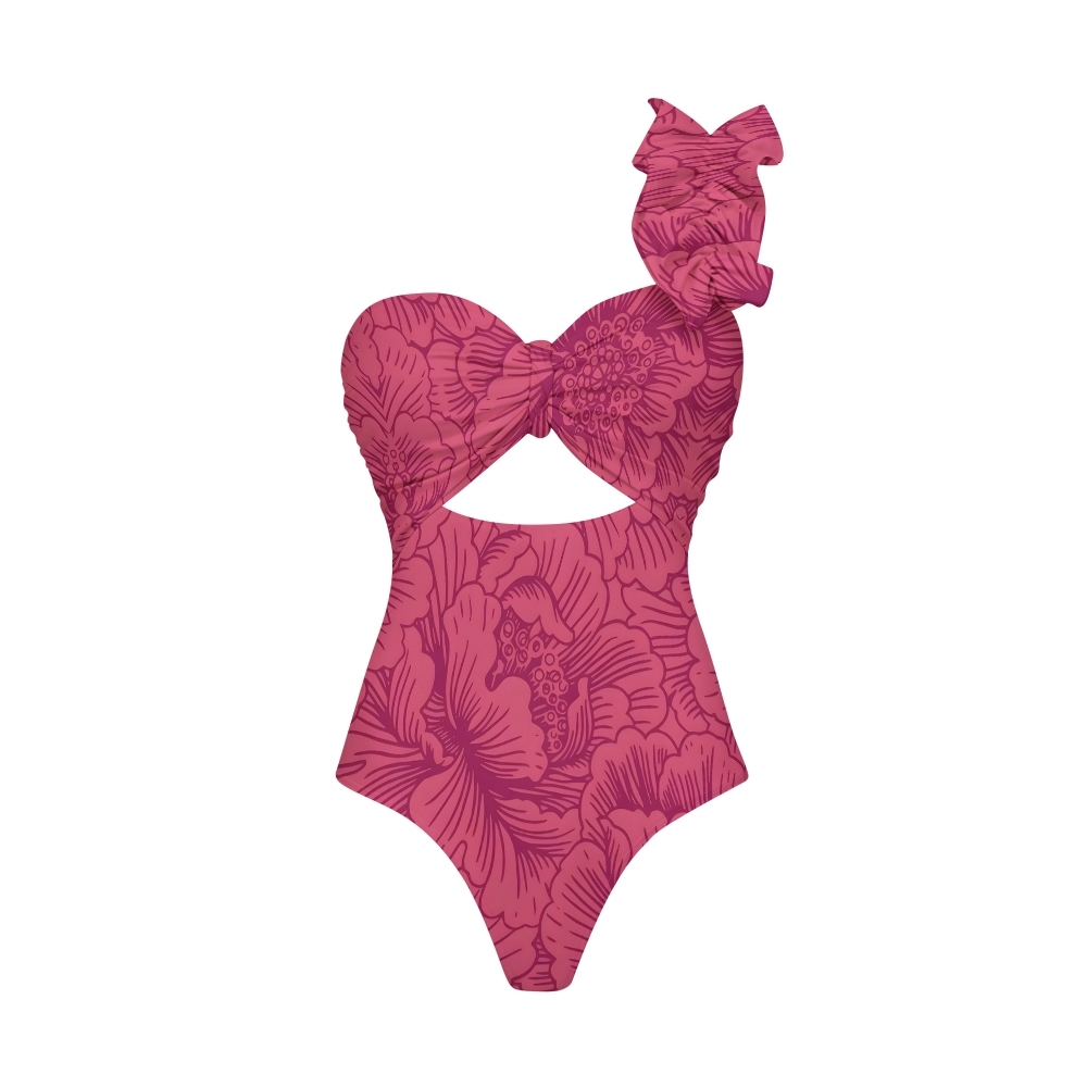 Hibiscus Print One-Shoulder Cut-Out Swimsuit with Tiered Maxi Skirt