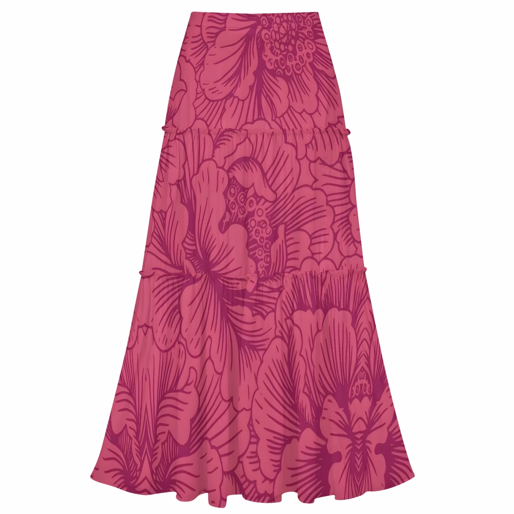 Hibiscus Print One-Shoulder Cut-Out Swimsuit with Tiered Maxi Skirt