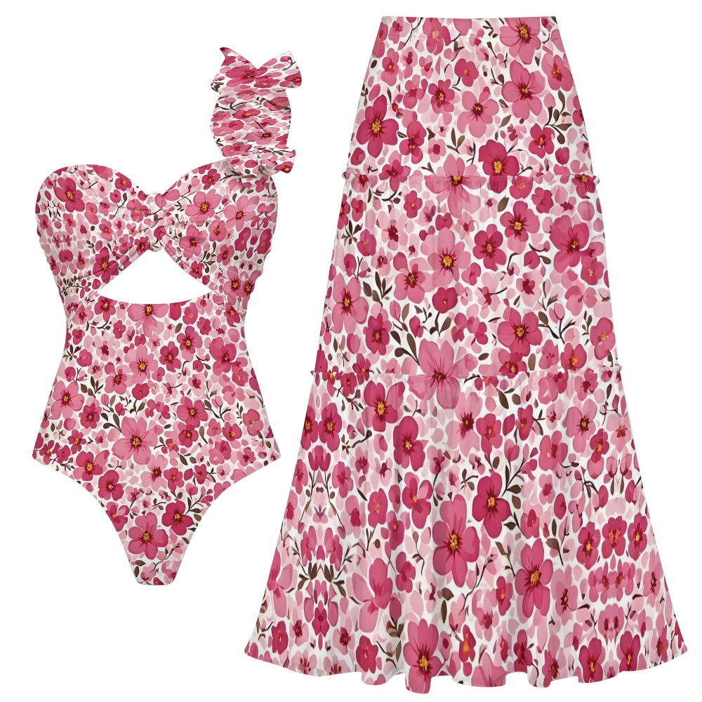 Spring Floral One-Shoulder Cut-Out One-Piece Swimsuit and Tiered Maxi Skirt