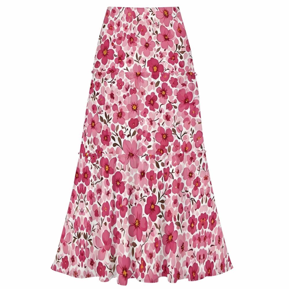 Spring Floral One-Shoulder Cut-Out One-Piece Swimsuit and Tiered Maxi Skirt