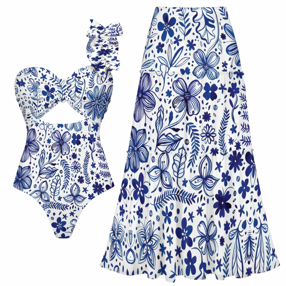 Botanical Print One Shoulder Cut-Out One-Piece Swimsuit with Matching Maxi Skirt