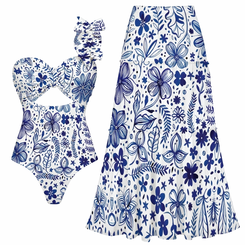 Botanical Print One Shoulder Cut-Out One-Piece Swimsuit with Matching 