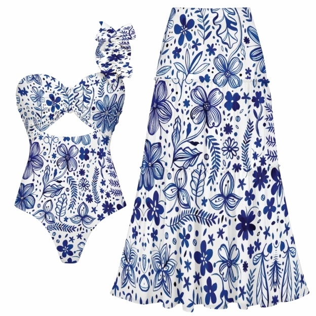 Botanical Print One Shoulder Cut-Out One-Piece Swimsuit with Matching Maxi Skirt