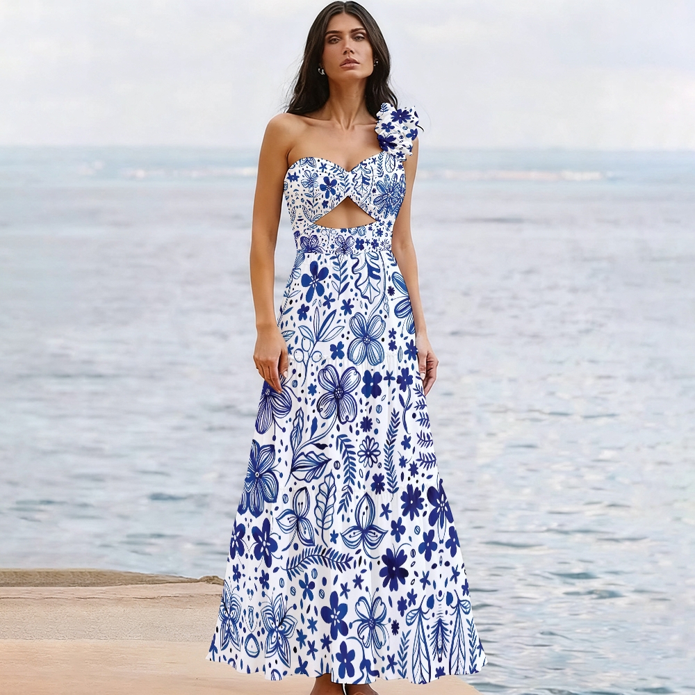 Botanical Print One Shoulder Cut-Out One-Piece Swimsuit with Matching Maxi Skirt