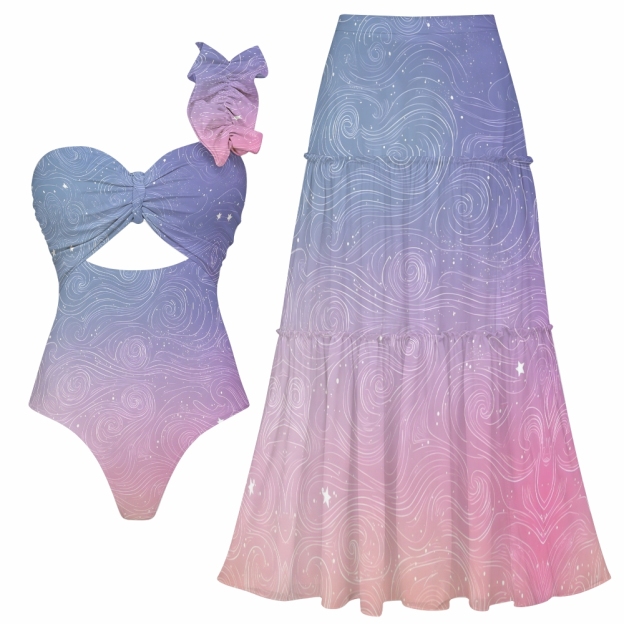 Gradient Celestial One Shoulder Cut Out One Piece Swimsuit with Tiered Maxi Skirt