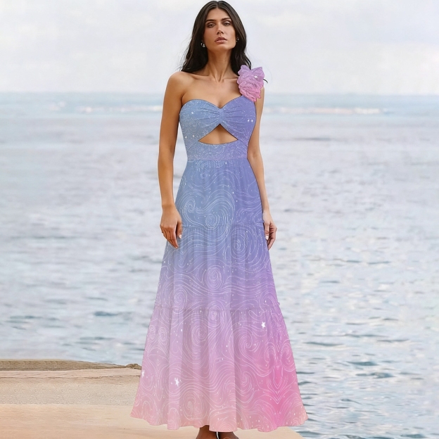 Gradient Celestial One Shoulder Cut Out One Piece Swimsuit with Tiered Maxi Skirt
