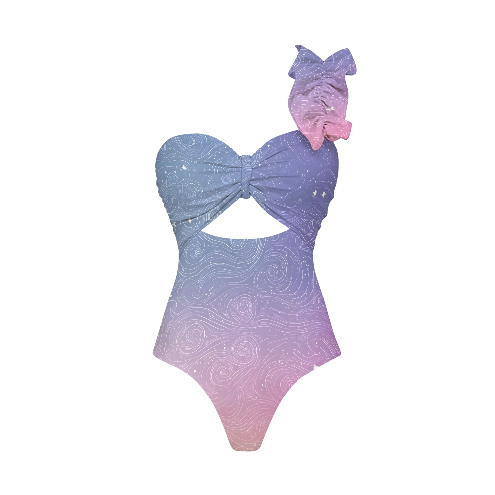 Gradient Celestial One Shoulder Cut Out One Piece Swimsuit with Tiered Maxi Skirt