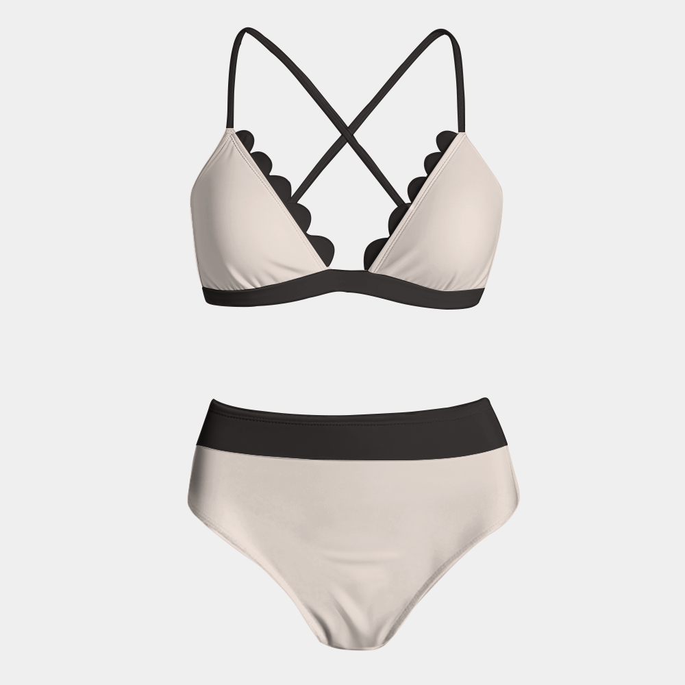 Minimalist Contrast Scalloped Edge Bikini Top and High Waist Bottom Two Piece Set